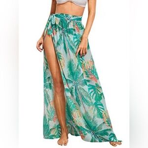 Tropical Palm Print Sheer Maxi Wrap Skirt Beach Cover-Up Resort Vacation O/S